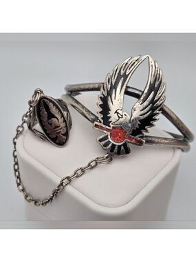 Eagle Slave Bracelet & Ring Silver Tone Vintage 1986 G&S Designs Size 6